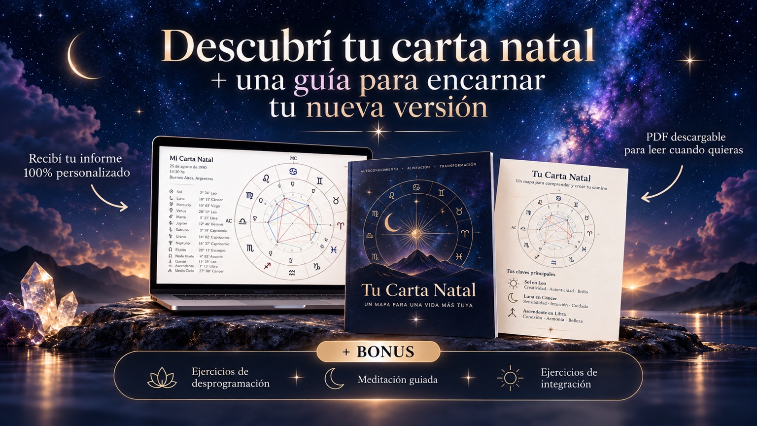 Mockup de la carta natal y el informe personalizado con guía y bonus de integración