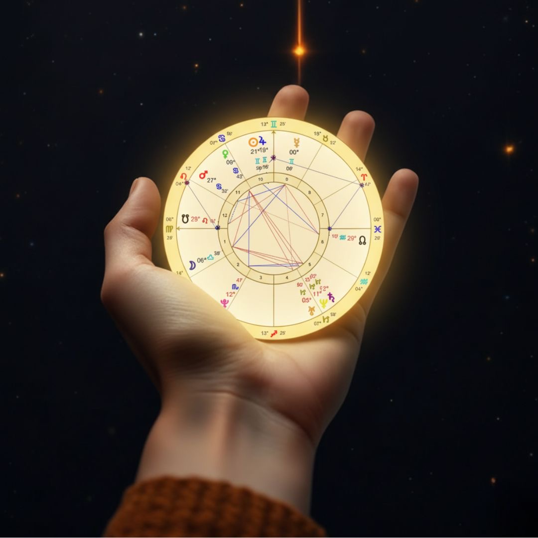 Una mano sosteniendo una carta natal luminosa